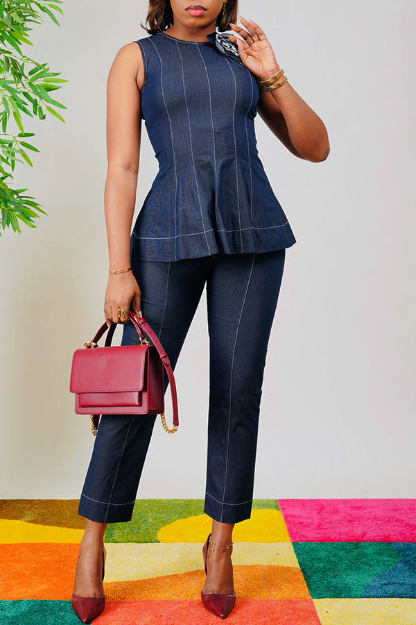 Stylish Round Neck Denim Top & Pants Set