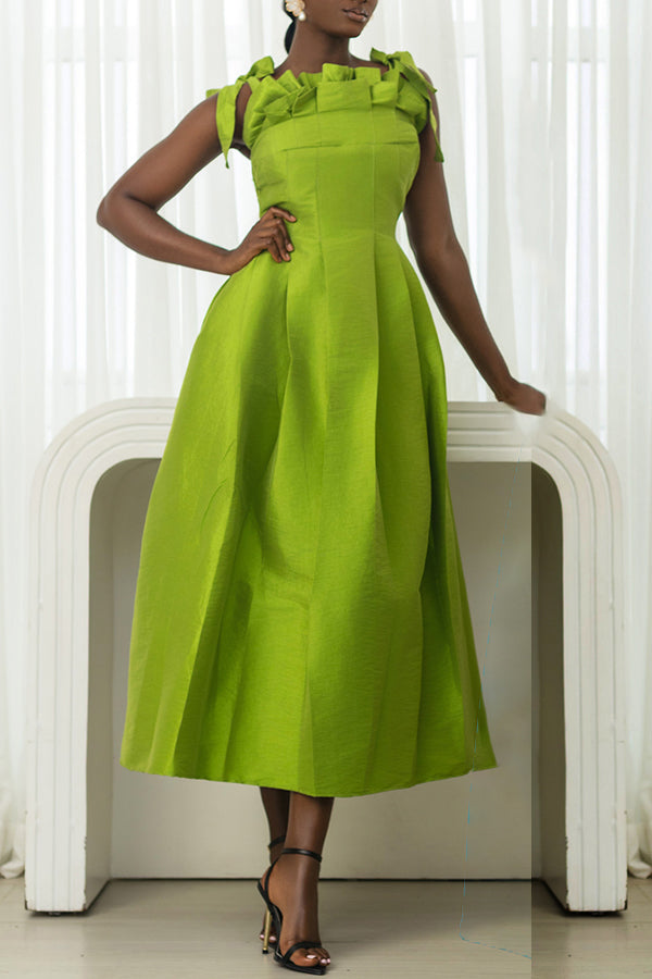 Chic Pleated Frill Trim Shoulder Knot Dress