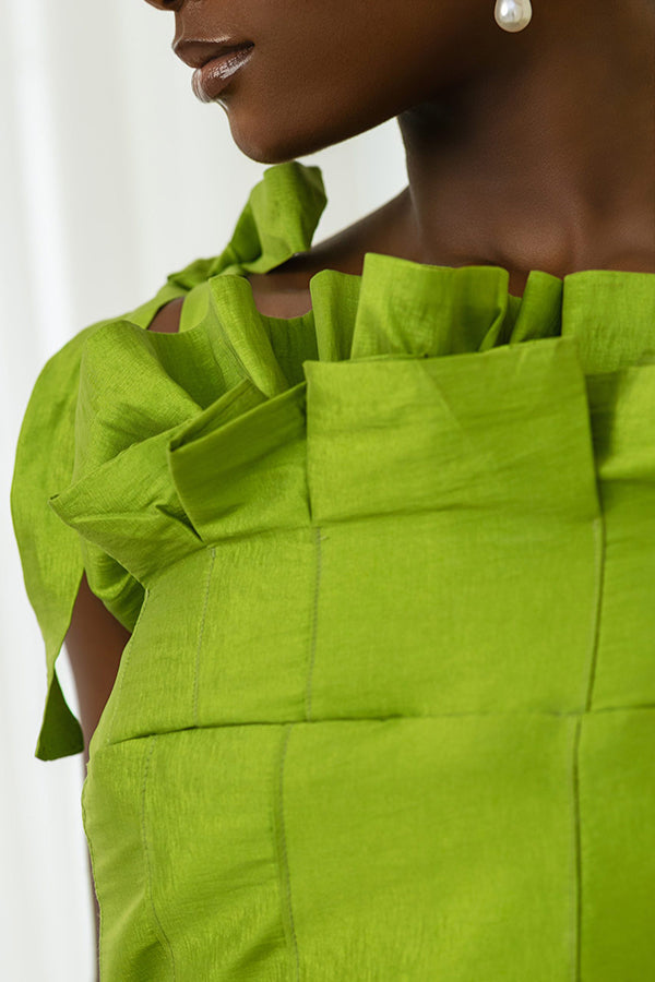 Chic Pleated Frill Trim Shoulder Knot Dress
