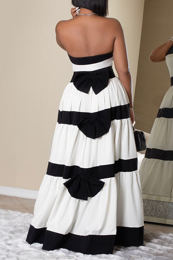 Vacation Two-tone Back Bow Pleated Maxi Dress