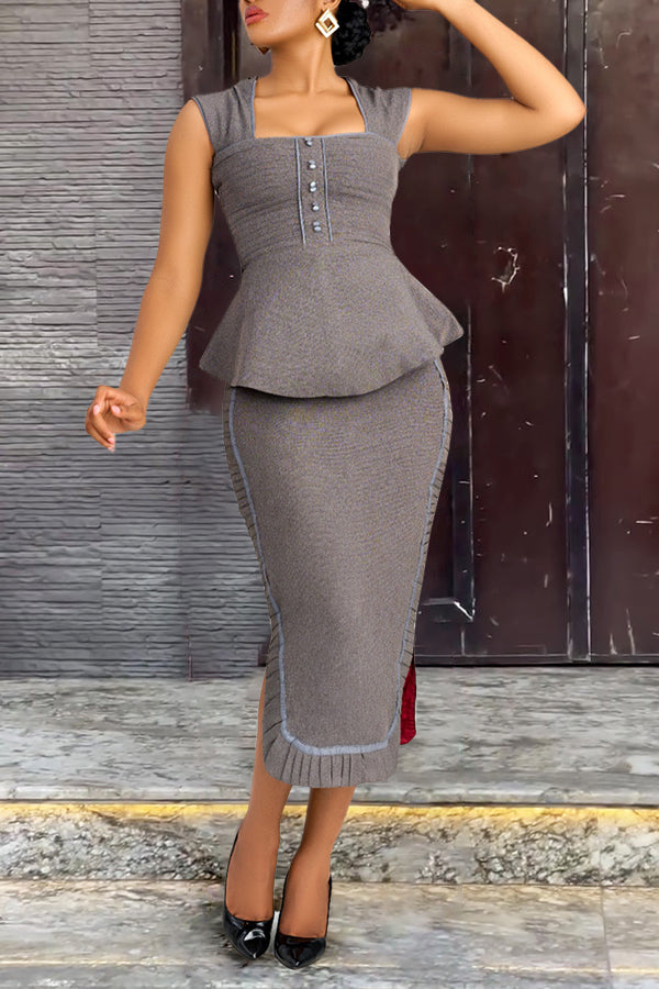 Elegant Two Tone Pleated Midi Dress