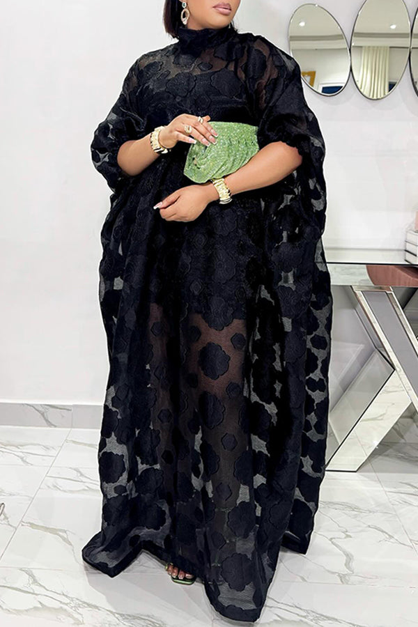 Vintage Batwing Sleeve Embroidered Mesh Maxi Dress