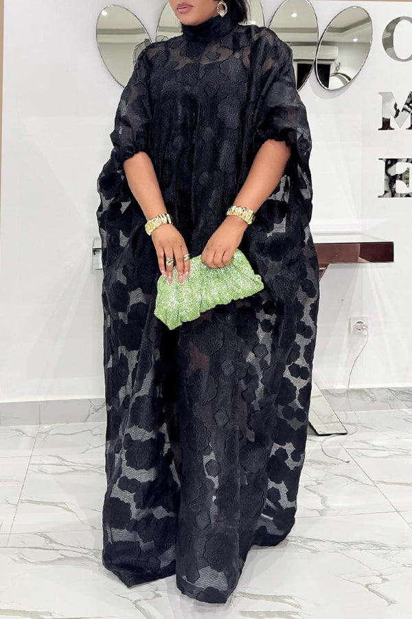 Vintage Batwing Sleeve Embroidered Mesh Maxi Dress