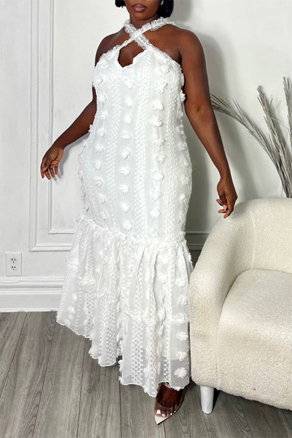 Stylish Pleated Ruffle Hem Lace Dress