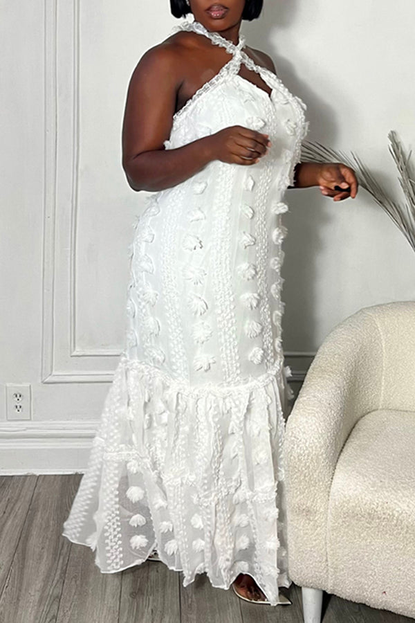 Stylish Pleated Ruffle Hem Lace Dress