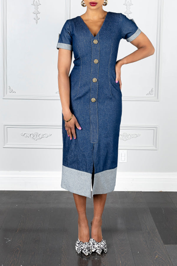 Stylish V-Neck Two Tone Denim Midi Dress