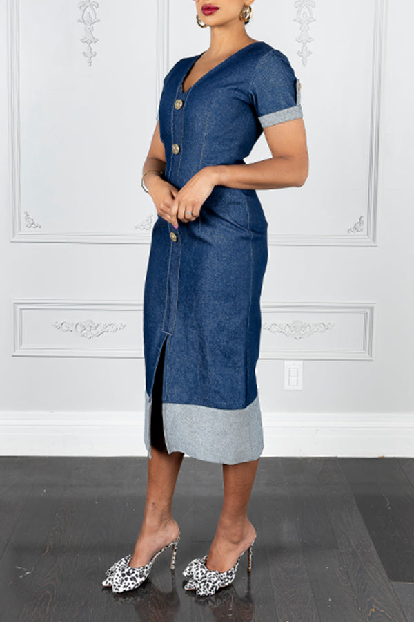 Stylish V-Neck Two Tone Denim Midi Dress