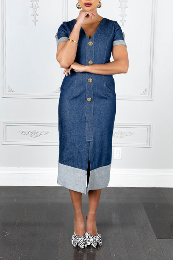 Stylish V-Neck Two Tone Denim Midi Dress