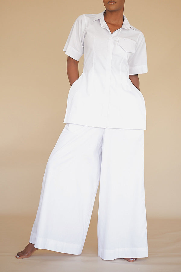 Casual  Solid Color Shirt & Wide Leg Pants Set