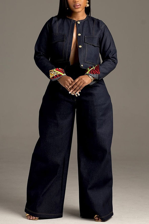 Chic Demin Cropped Jacket & Wide Leg Pants Set