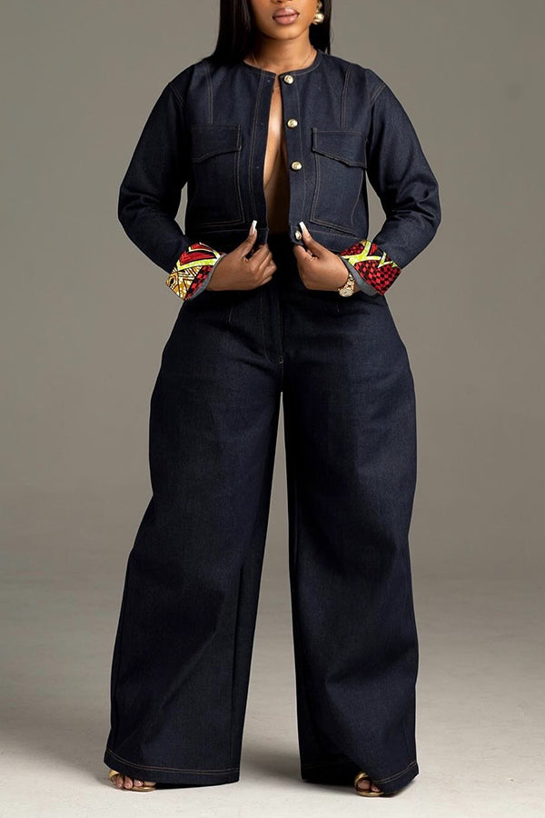 Chic Demin Cropped Jacket & Wide Leg Pants Set