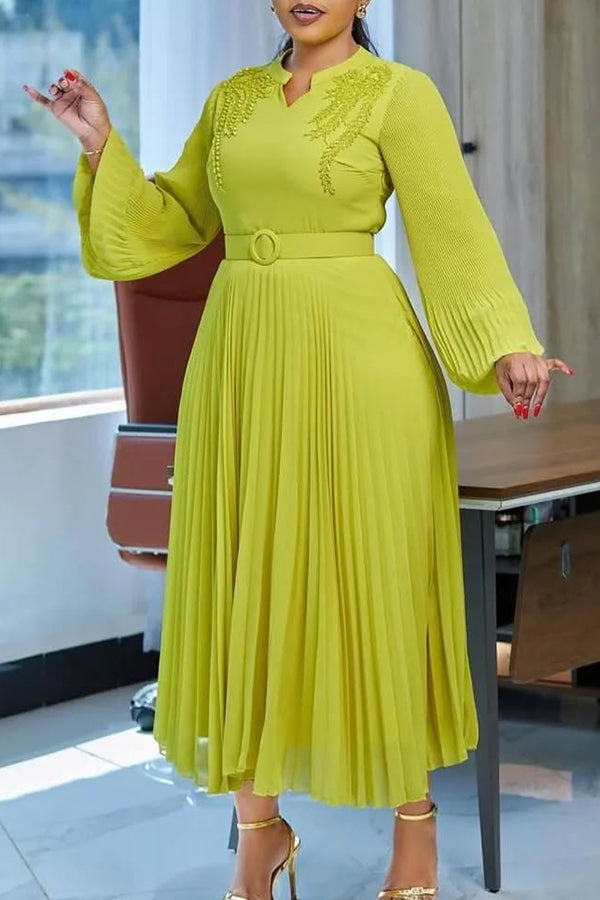 Elegant Self Belted Pleated Maxi Dress