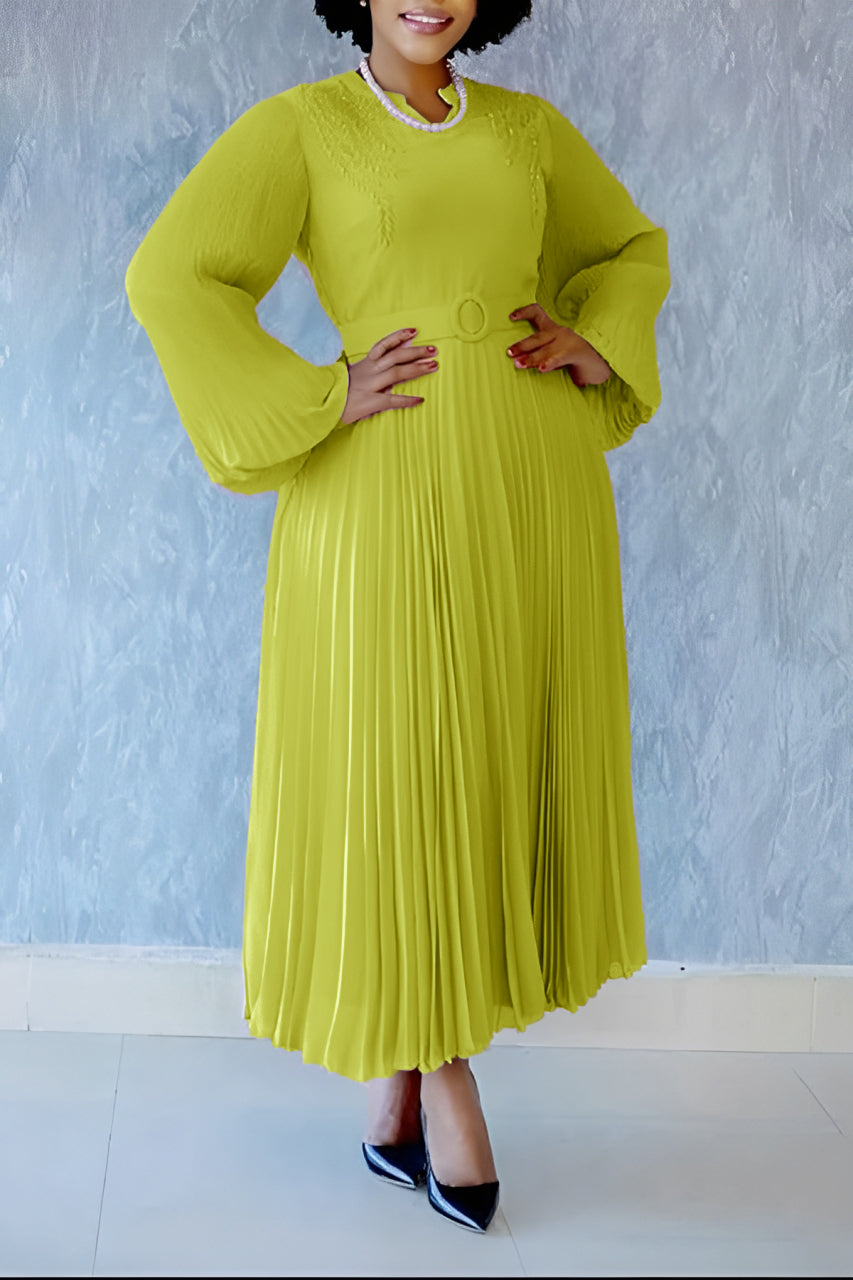Elegant Self Belted Pleated Maxi Dress