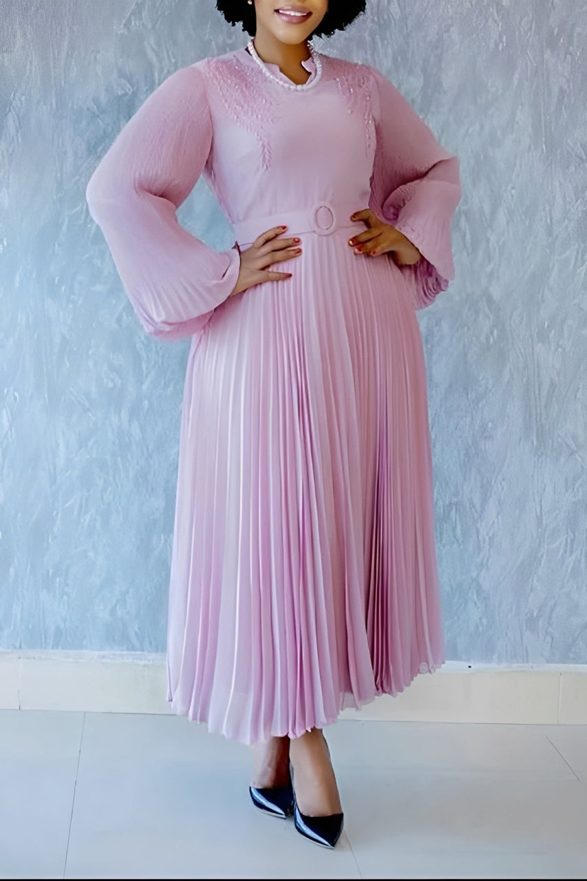 Elegant Self Belted Pleated Maxi Dress