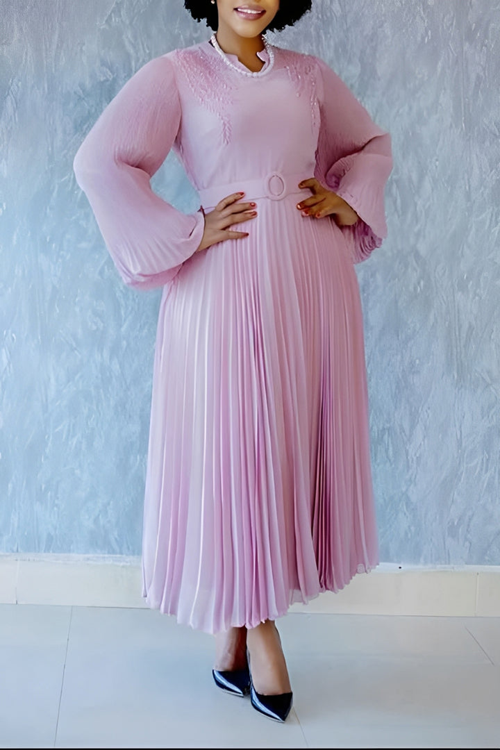 Elegant Self Belted Pleated Maxi Dress