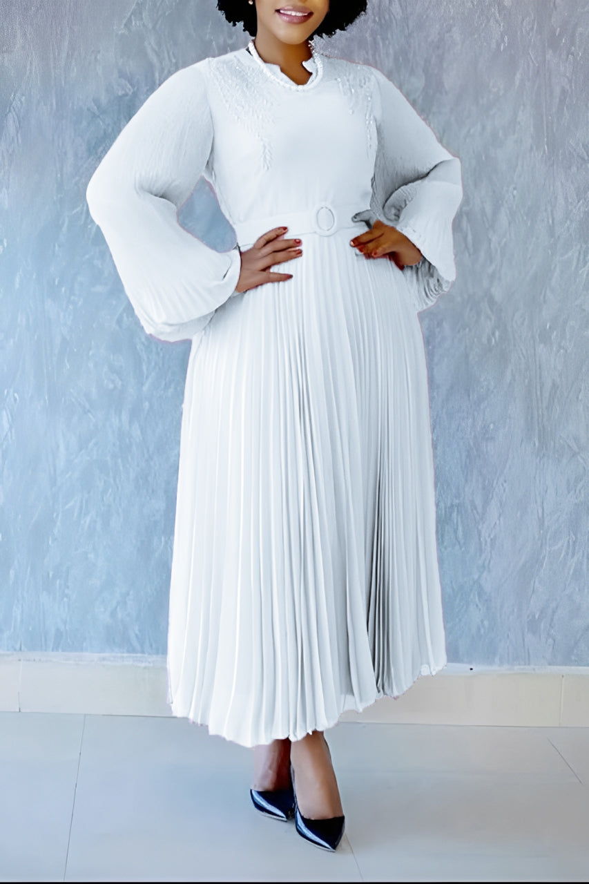 Elegant Self Belted Pleated Maxi Dress
