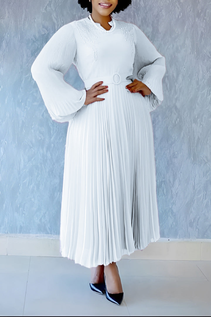 Elegant Self Belted Pleated Maxi Dress