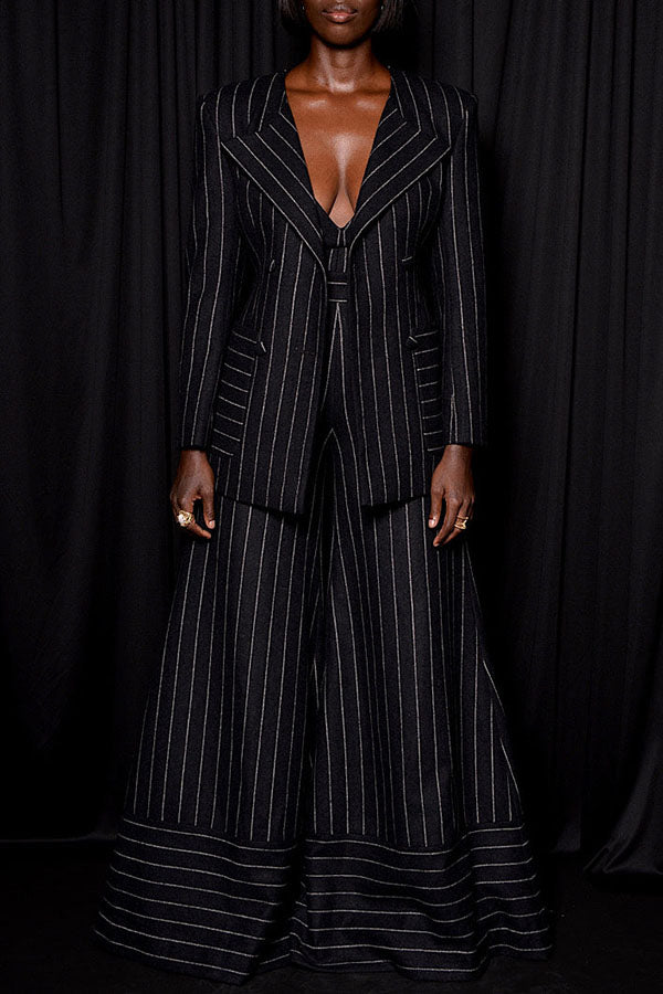 Chic Striped Blazer & Wide Leg Pants Set