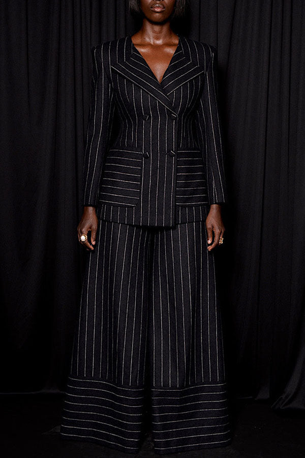 Chic Striped Blazer & Wide Leg Pants Set