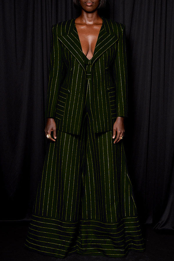 Chic Striped Blazer & Wide Leg Pants Set