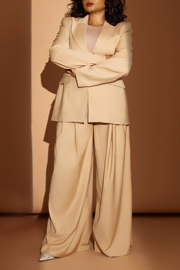 Chic Peak Collar Blazer & Wide Leg Pants Set