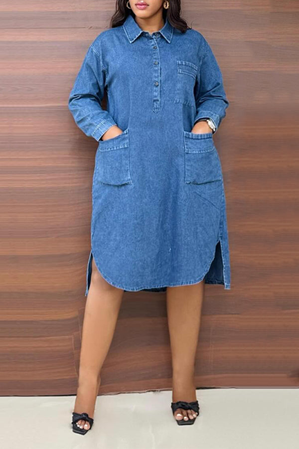 Casual Pocket Solid Color Denim Dress