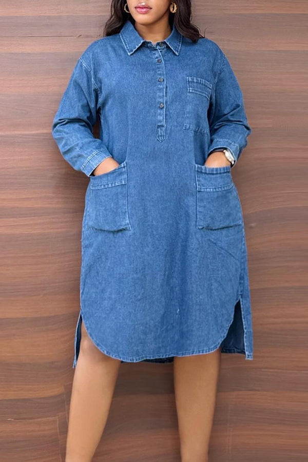 Casual Pocket Solid Color Denim Dress