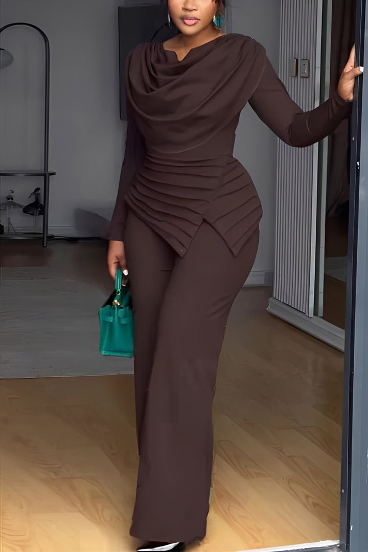 Casual Ruffled Neckline Asymmetrical Hem Top & Pants Set