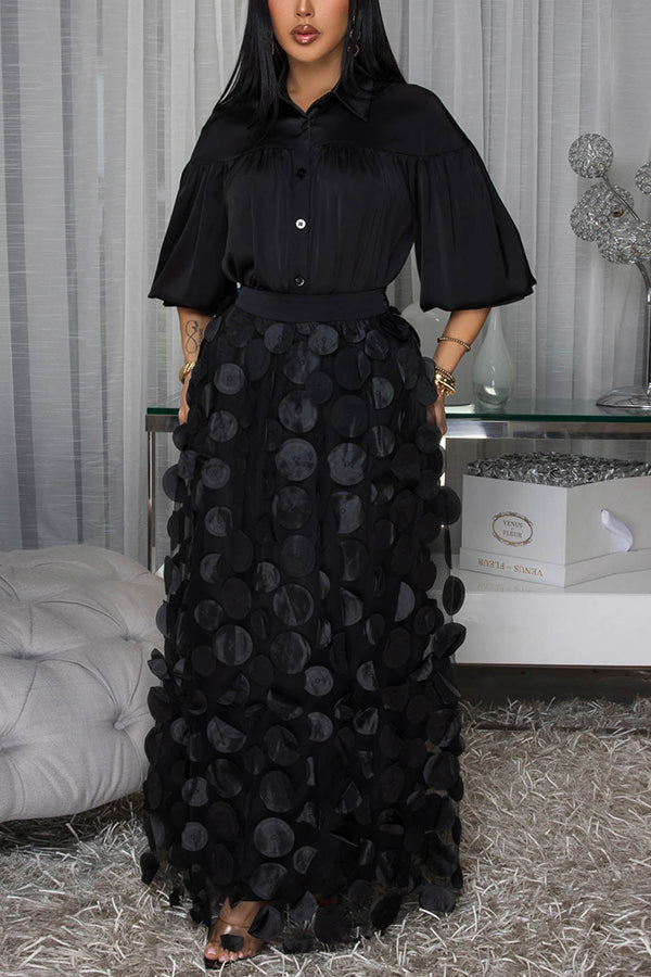 Chic Pleated Shirt & Mesh Overlay Skirt Set
