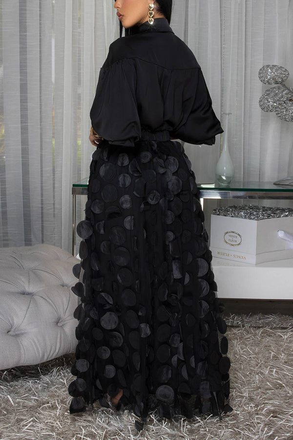 Chic Pleated Shirt & Mesh Overlay Skirt Set