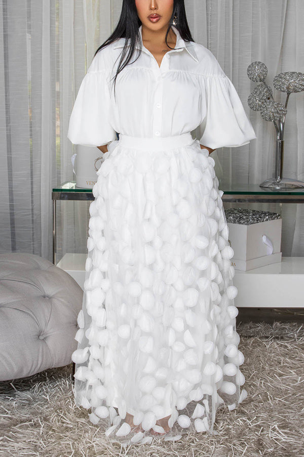 Chic Pleated Shirt & Mesh Overlay Skirt Set
