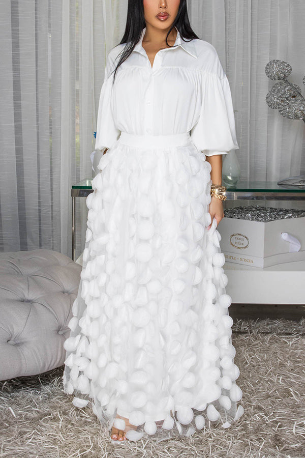 Chic Pleated Shirt & Mesh Overlay Skirt Set
