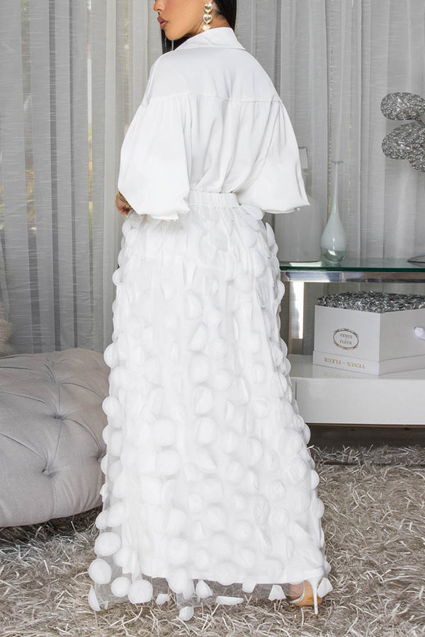 Chic Pleated Shirt & Mesh Overlay Skirt Set