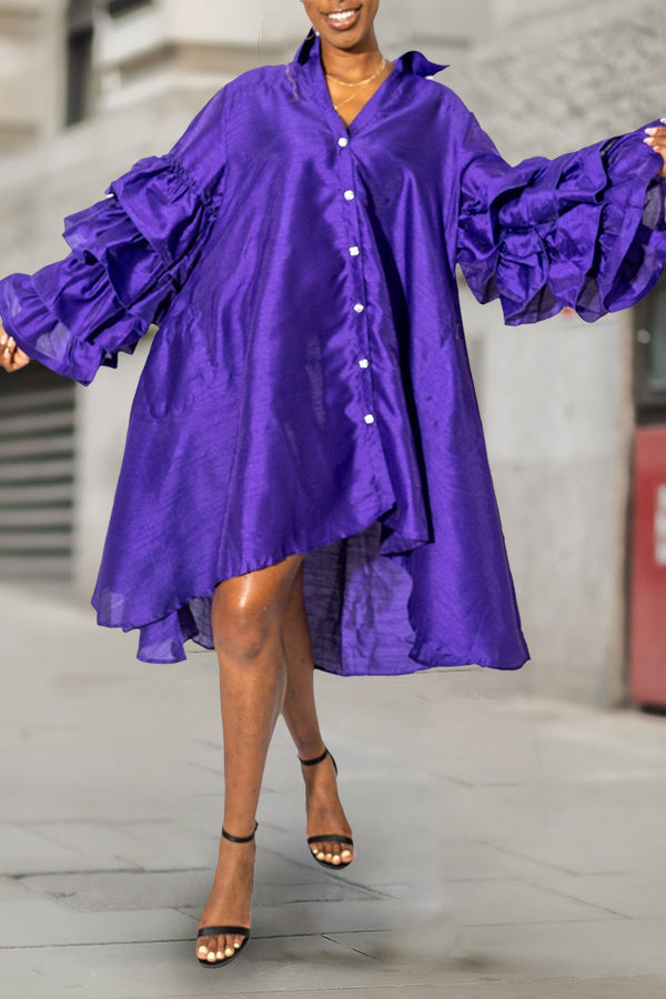 Casual Ruffle Sleeve A-Line Shirt Dress
