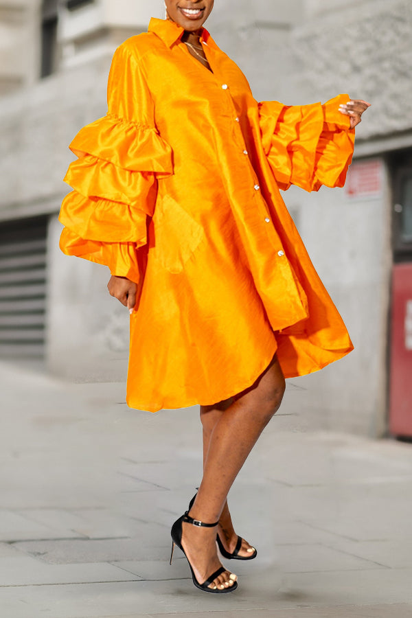 Casual Ruffle Sleeve A-Line Shirt Dress