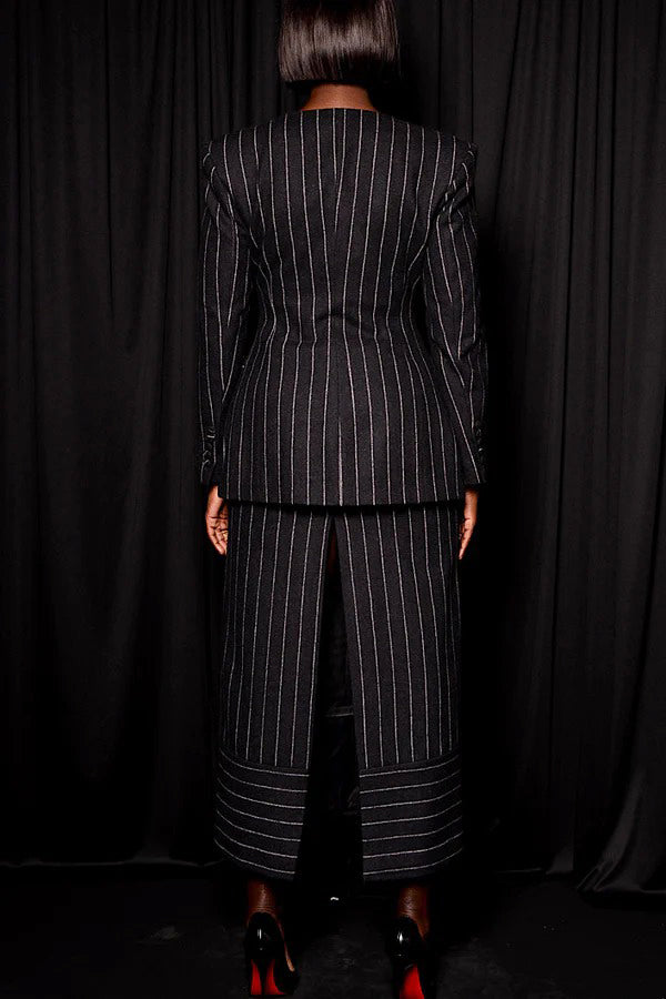 Retro Striped Back Slit Long Skirt