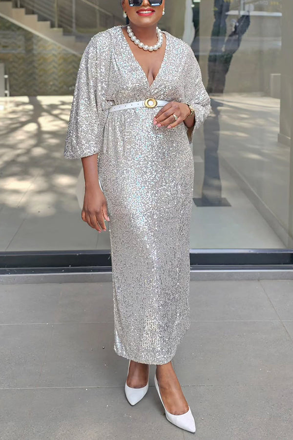 Stylish V-Neck Belted Sequin Dress