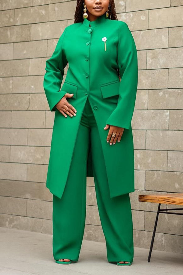Chic Button Up Long Coat & Pants Set