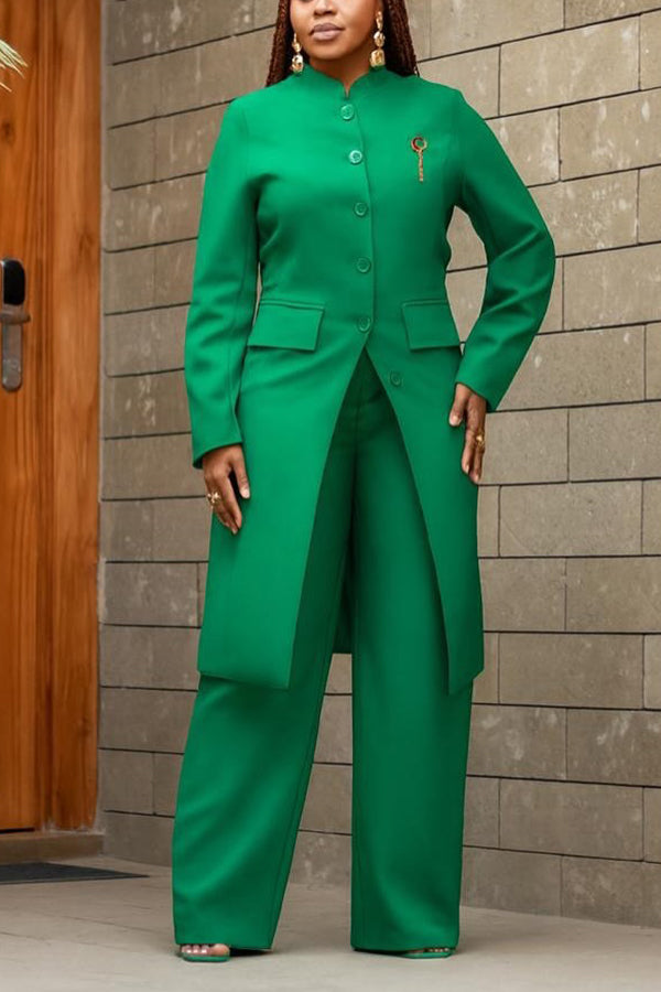 Chic Button Up Long Coat & Pants Set