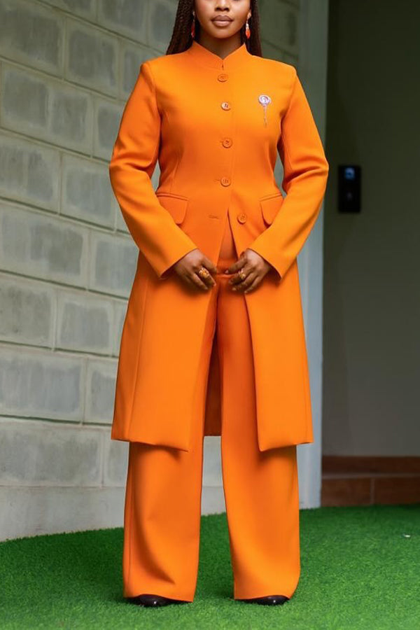 Chic Button Up Long Coat & Pants Set