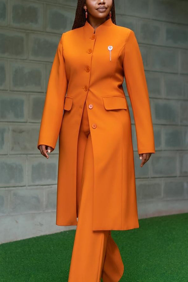 Chic Button Up Long Coat & Pants Set