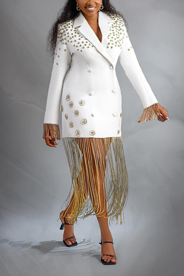 Stylish Double Breasted Fringe Trim Blazer