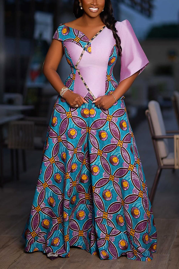 Elegant One-shoulder Printed Top & Wide-leg Pants Set