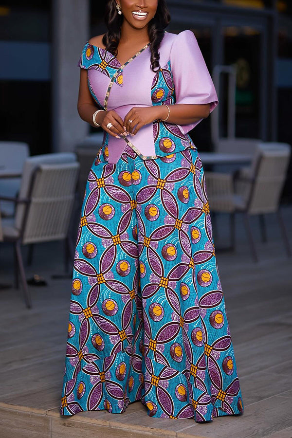 Elegant One-shoulder Printed Top & Wide-leg Pants Set