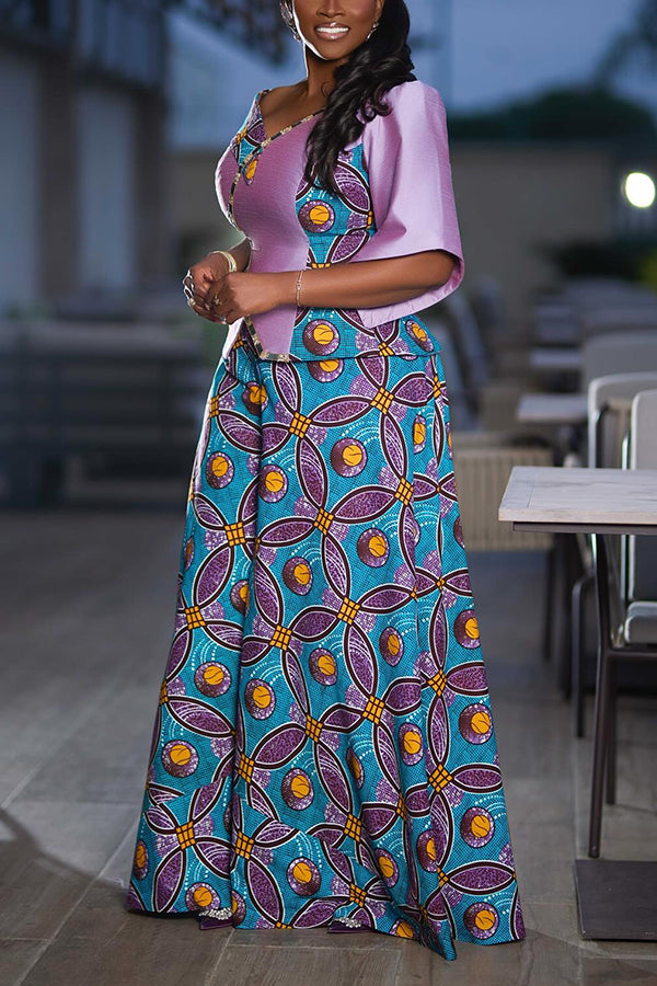 Elegant One-shoulder Printed Top & Wide-leg Pants Set