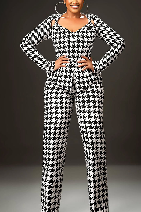 Chic Houndstooth Top & Pants Set