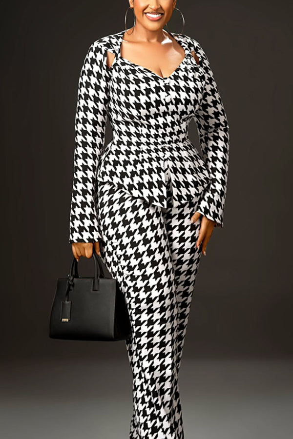 Chic Houndstooth Top & Pants Set