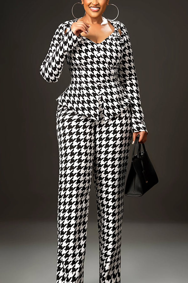 Chic Houndstooth Top & Pants Set