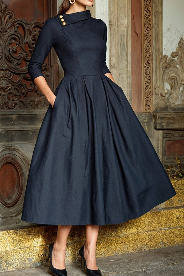 Elegant Pocket A-Line Midi Dress