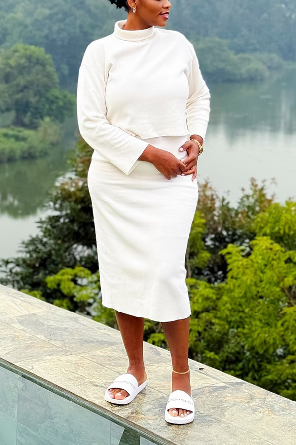 Casual Mock Neck Solid Sweatshirt & Skirt Set